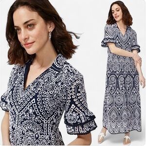 Chico's Embroidered navy and white eyelet tiered maxi dress Sz US 16